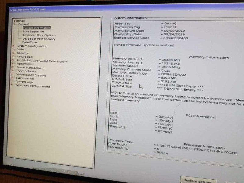Dell Precision 3630 Tower  i7-8700K CPU @ 3.70GHz 16GB Ram Q