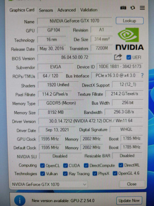 EVGA NVIDIA GTX 1070 SC 8GB PCIE