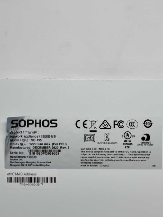 Sophos SG-135 Rev 3 UTM Firewall Security Appliance 8-Port | No Power Adapter