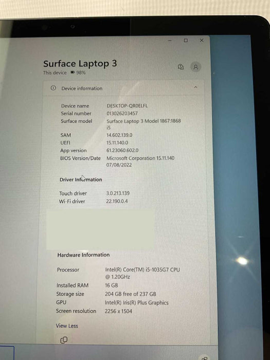Microsoft Surface Laptop 1868  i5-1035G7 16GB RAM & 256GB NVMe Storage READ  -
