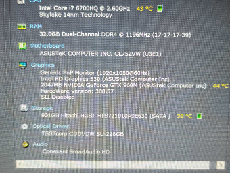 ASUS ROG GL752V i7-6700HQ, 32GB DDR4, 2GB GeForce GTX, 1TB HDD Î²