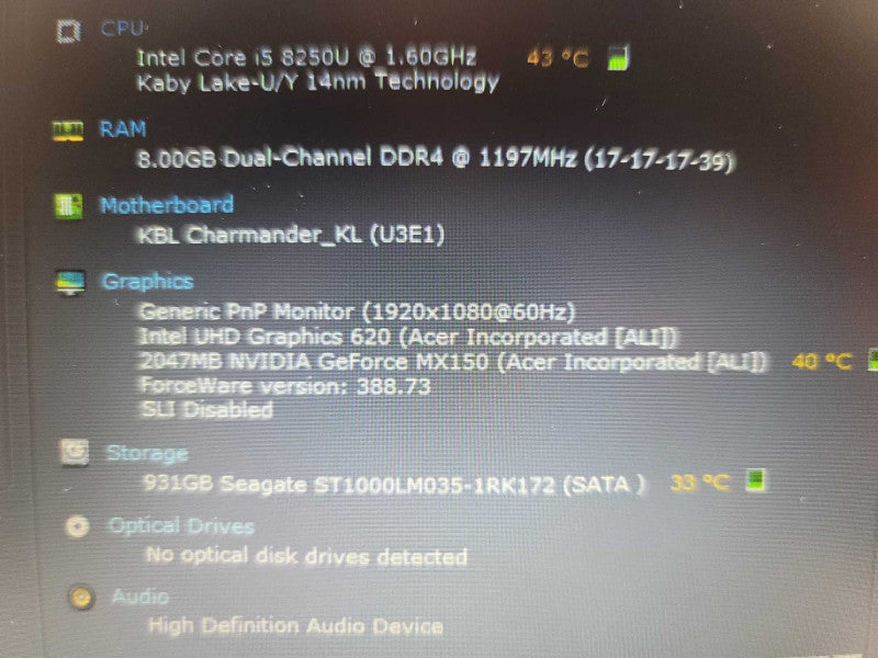 Acer Aspire 5 (A515-51) i5-8250U, 8GB DDR4, 2GB GeForce MX150,1TB HDD **NO AC Î²