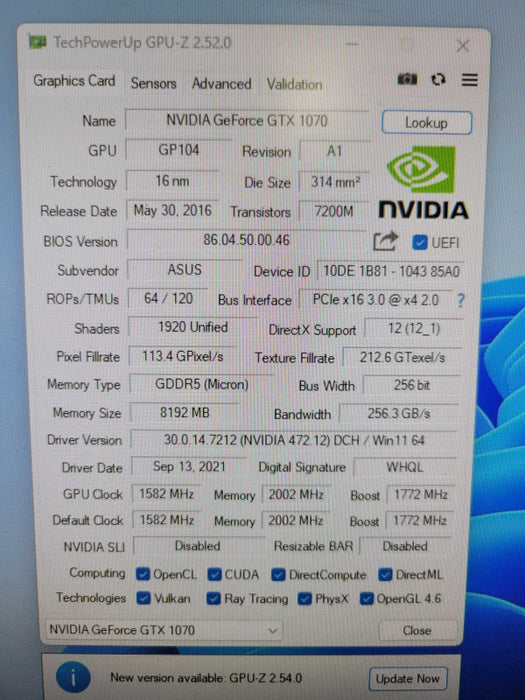 ASUS NVIDIA GTX 1070 8GB PCIE