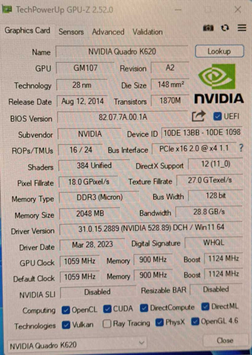 Dell NVIDIA QUADRO K620 2GB DDR3 Graphics Card (0379T0) )