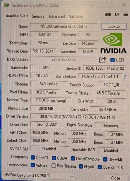 MSI NVIDIA GeForce GTX 750 Ti Twin Frozr Gaming Series Graphics Card )
