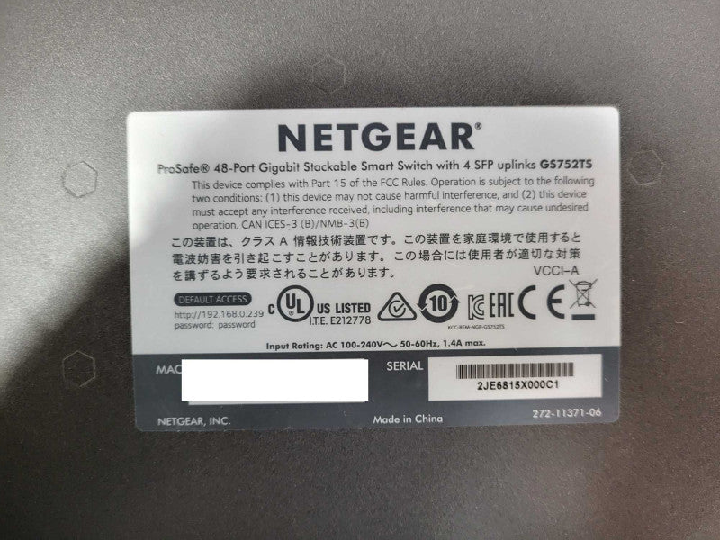 Netgear ProSafe 48 Port Gigabit Stackable Smart Switch 4 SFP Uplinks GS752TS  $