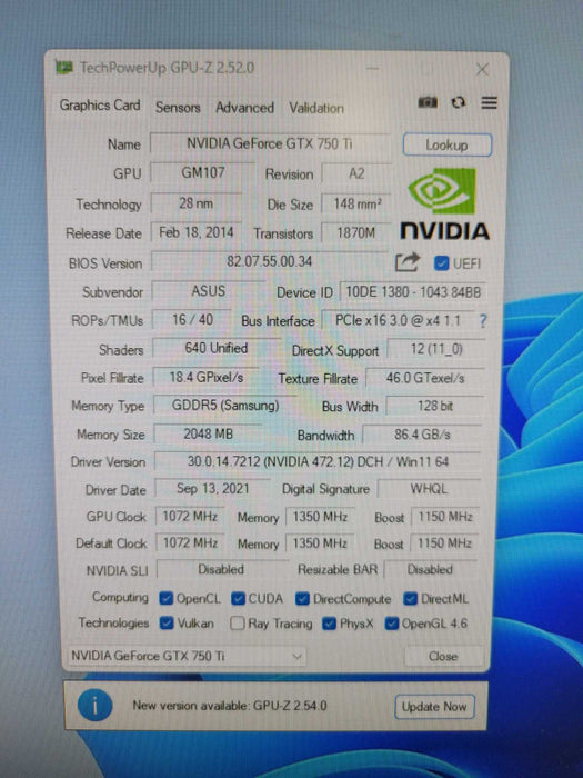 ASUS NVIDIA GX 750TI OC 2GB PCIE