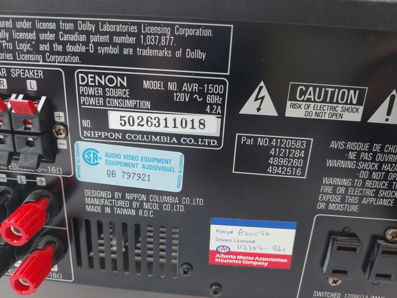 Denon Precision Audio Component AV Surround Receiver Model: AVR-1500
