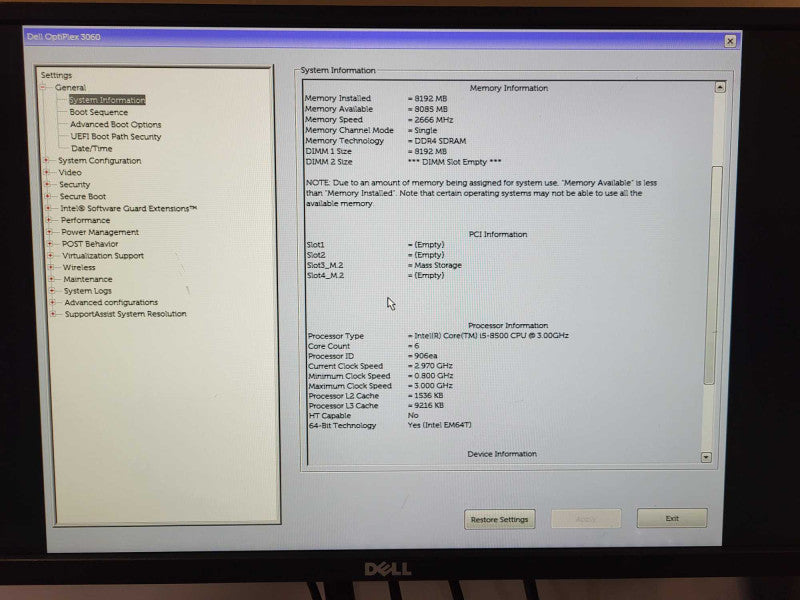 Dell OptiPlex 3060 SFF i5-8500 @ 3.00GHz 8GB DDR4 256GB M.2 $