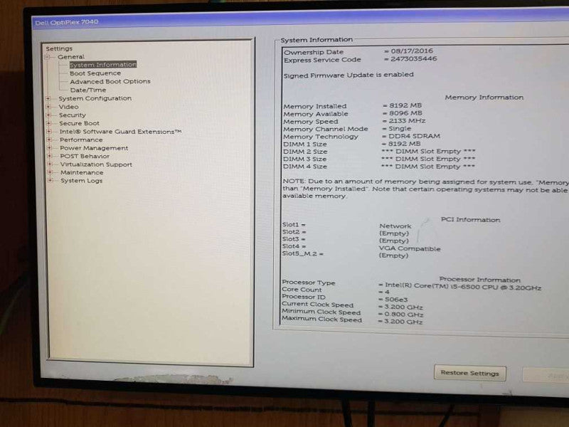 Dell OptiPlex 7040  Intel Core i5-6500 CPU @ 3.20GHz 8GB RAM