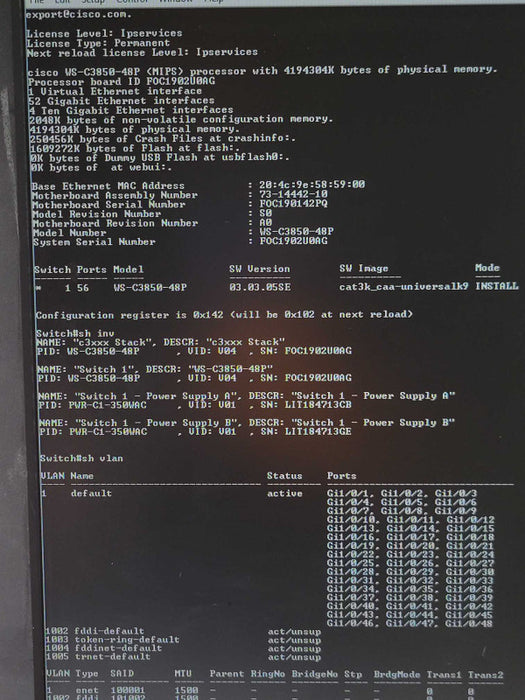 Cisco WS-C3850-48P-S 48 Port Gig PoE+ Switch, IP Services, 2x PSU _