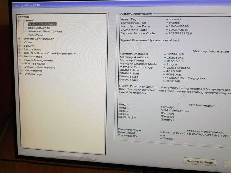 Dell Optiplex 7040 SFF Intel Core i7 - 6700 CPU @ 3.40Ghz 16GB DDR4 Ram