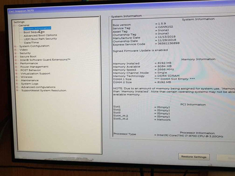 Dell Inspiron 3670 Intel Core i7-8700 CPU @ 3.20GHZ 8GB DDR4 Ram