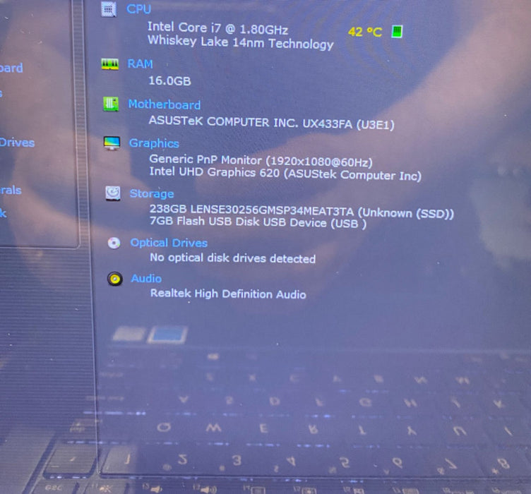 ASUS ZenBook UX433F Laptop i7-8565U 16GB RAM 256GB SSD No power adapter/READ! Q