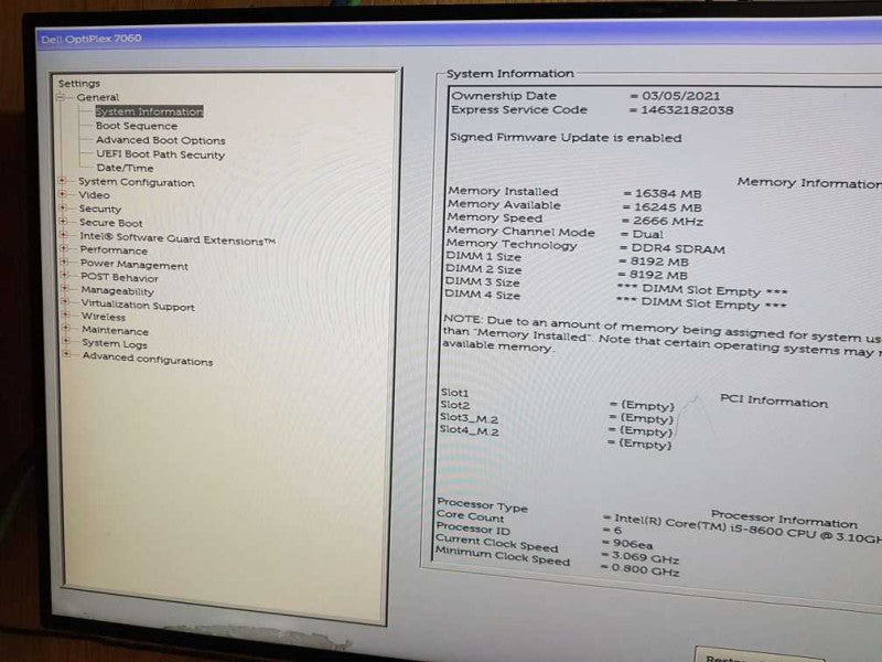 Dell OptiPlex SFF 7060 Intel Core i5-8600 CPU @ 3.10GHz 16GB DDR4 RAM