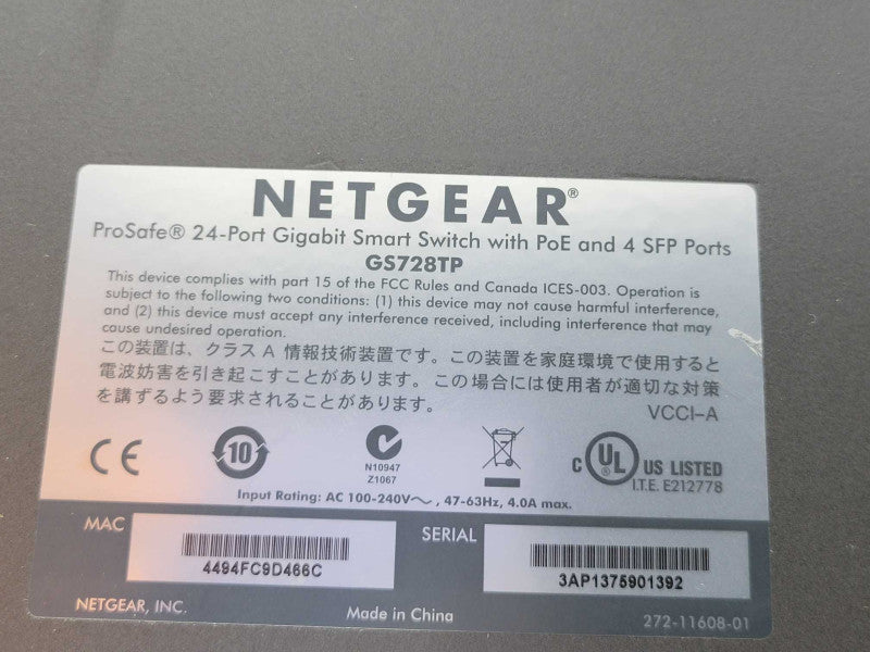 NetGear ProSafe 24-Port Gigabit Smart Switch with PoE and 4x SFP Ports GS728T _