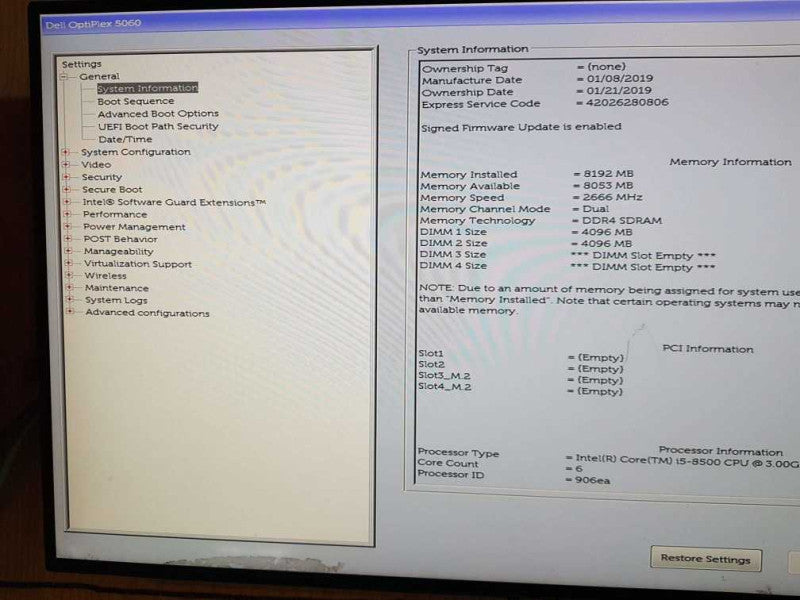 Dell Optiplex 5060 SFF Intel Core i5 - 8500 CPU  @ 3.00GHz 8GB RAM