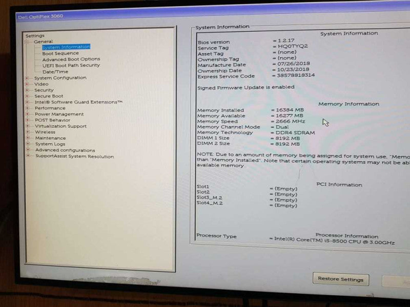 Dell Optiplex 3060 SFF Intel Core i5 - 8500 @ CPU @ 3.00GHz 16GB DDR4 RAM Q