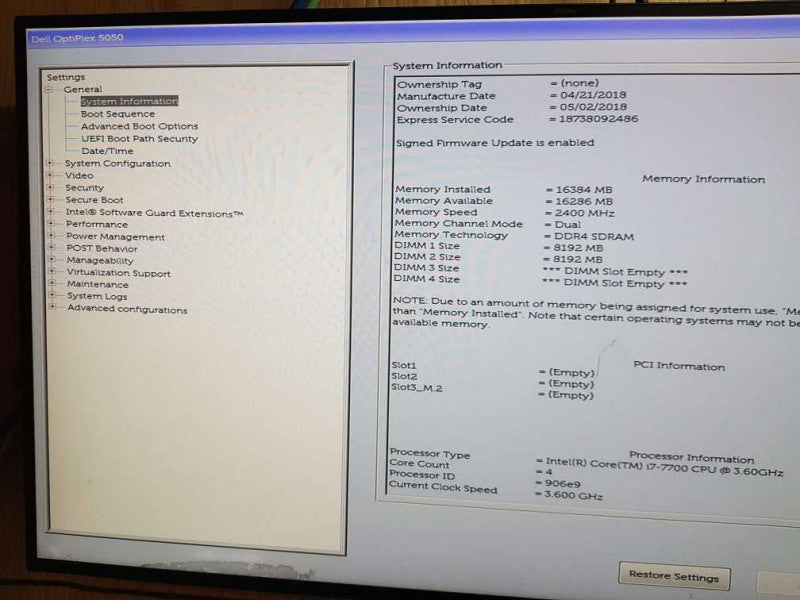 Dell OptiPlex 5050  Core i7- 7700 CPU @ 3.60GHz 16GB PC4 Ram