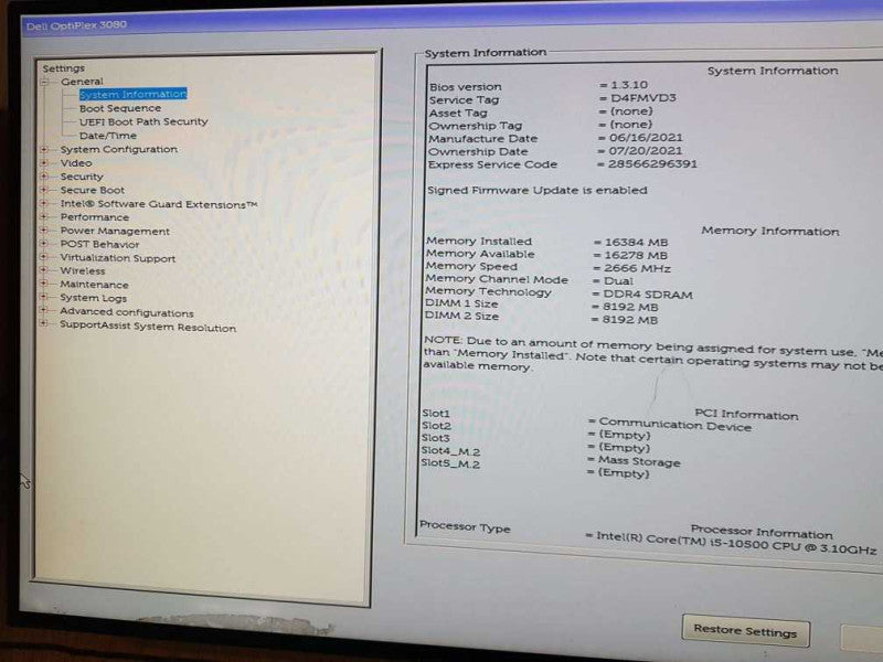 Dell Optiplex 3080 MT tower Core i5-10500 CPU @ 3.10GHz 16GB DDR4 Ram