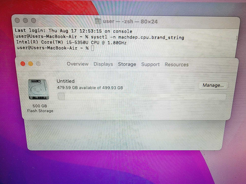 Apple Macbook Air 2017 Core i5-5350U @ 1.8GHz 8GB DDR3 500GB SSD (
