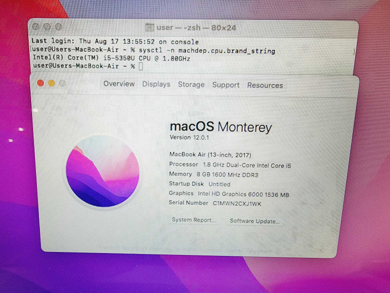 Apple Macbook Air 2017 Core i5-5350U @ 1.8GHz 8GB DDR3 250GB SSD [Read] (