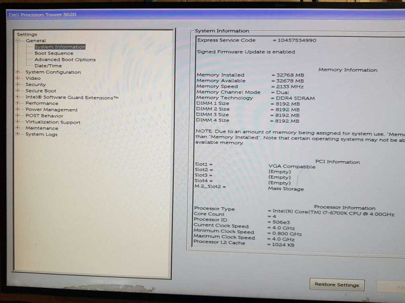 Dell Precision Tower 3620 Core i7-6700K CPU @ 4.00GHZ 32GB DDR4 Ram Q