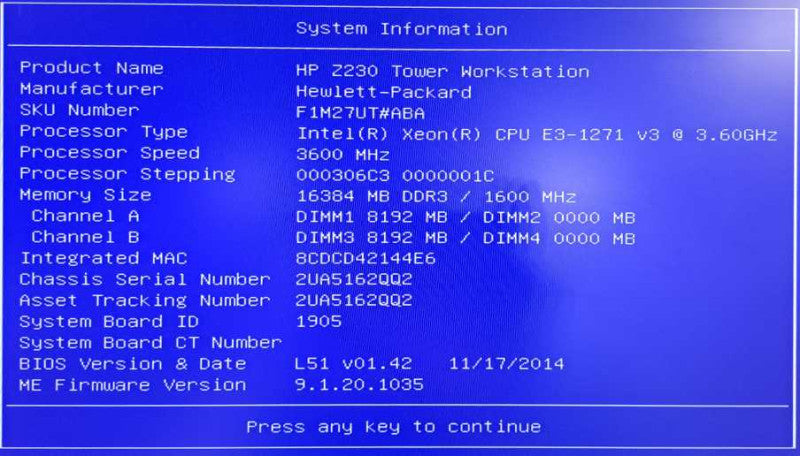 HP Z230 Workstation Xeon E3-1271 v3 @ 3.60GHz 16GB Ram Quadro K2200 GPU )