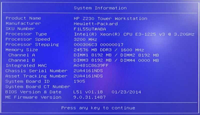 HP Z230 Workstation Xeon E3-1225 v3 @ 3.20GHz 24GB Ram Quadro K600 )