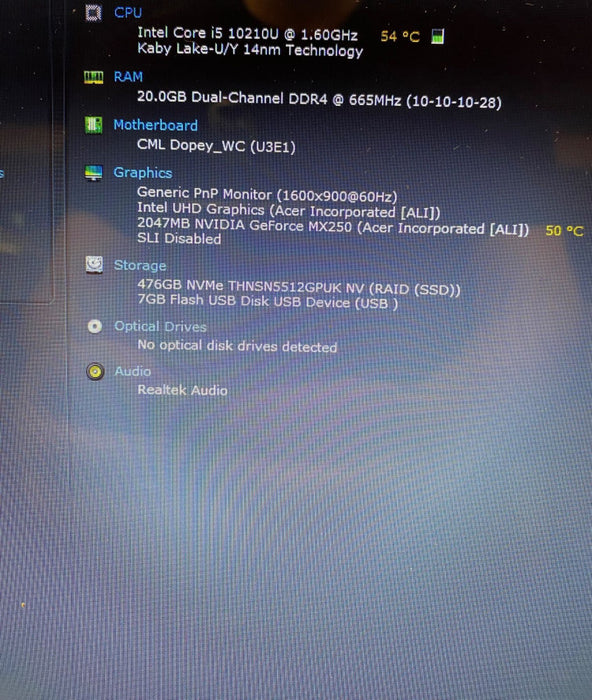 Acer ASPIRE A317-51G Laptop i5-10210U GeForce MX250 2GB 20GB RAM 512GB SSD