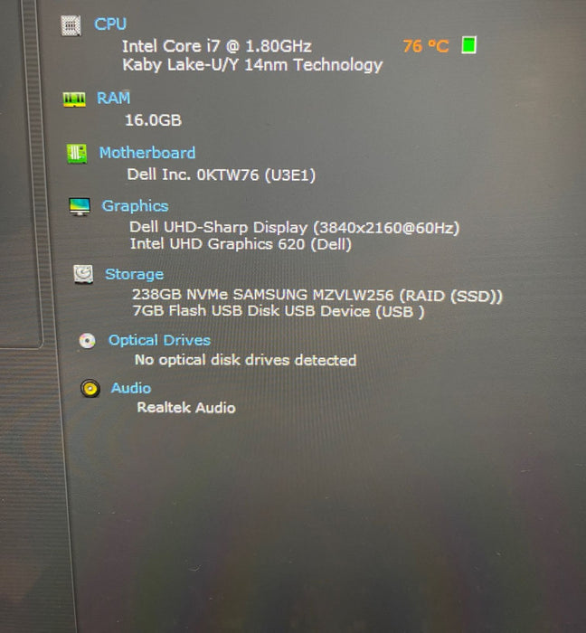 DELL XPS 13 9380 i7-8565U UHD Screen 16GB RAM 256GB SSD NO POWER ADAPTER READ