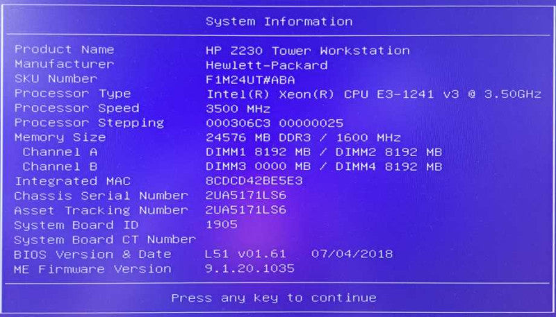 HP Z230 Workstation Xeon E3-1241 v3 @ 3.50GHz 24GB Ram Quadro K2200 GPU )