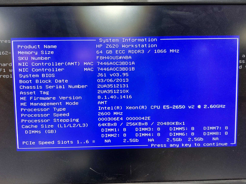 HP Z620 Workstation Xeon E5-2650 V2 @ 2.60ghz 64gb ram gtx 780 3x 2TB HDD #