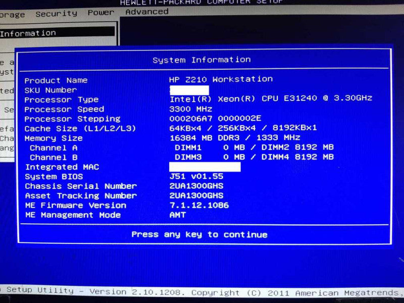 HP Z210 Workstation Xeon E3-1240 @ 3.30GHz 8GB RAM QUADRO 600 - No HDD )