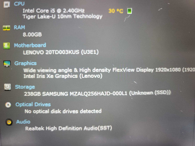 Lenovo ThinkPad E15 i5-1145G7@ 2.60GHz, 8GB DDR4, 256GB m.2 ** No AC ADAPTER Î²