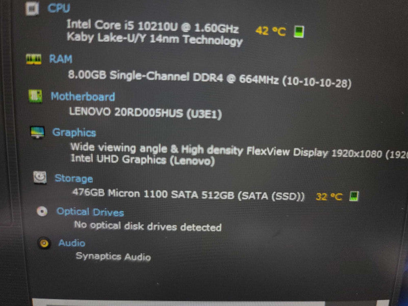 Lenovo ThinkPad E15 i5-10210U @ 1.60GHz, 8GB DDR4, 512GB m.2 **NO AC ADAPTER Î²