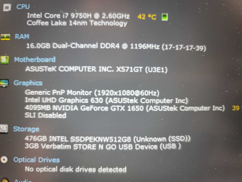 ASUS K571G i7-9750H @ 2.60GHz, 16GB DDR4, 4GB GTX 1650, 512GB m.2 **NO AC Î²