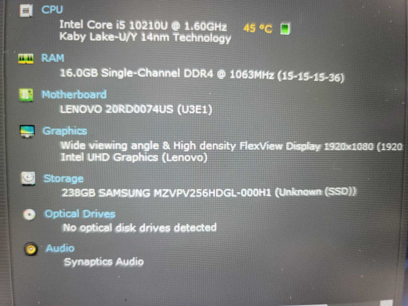 Lenovo ThinkPad E15 i5-10210U, 16GB DDR4, 256GB m.2 **NO AC ADAPTER QÎ²