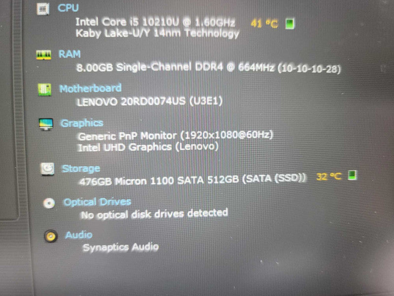 Lenovo ThinkPad E15 i5-10210U @ 1.60GHz, 8GB DDR4, 512GB m.2 **NO AC ADAPTER  Î²