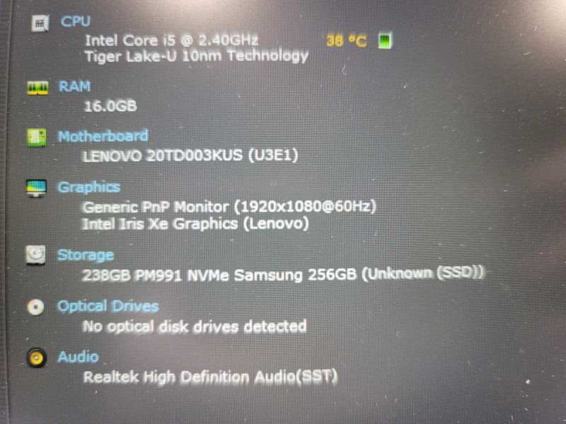 Lenovo ThinkPad E15 i5-1145G7, 16GB DDR4, 256GB m.2 **NO AC ADAPTER Î²