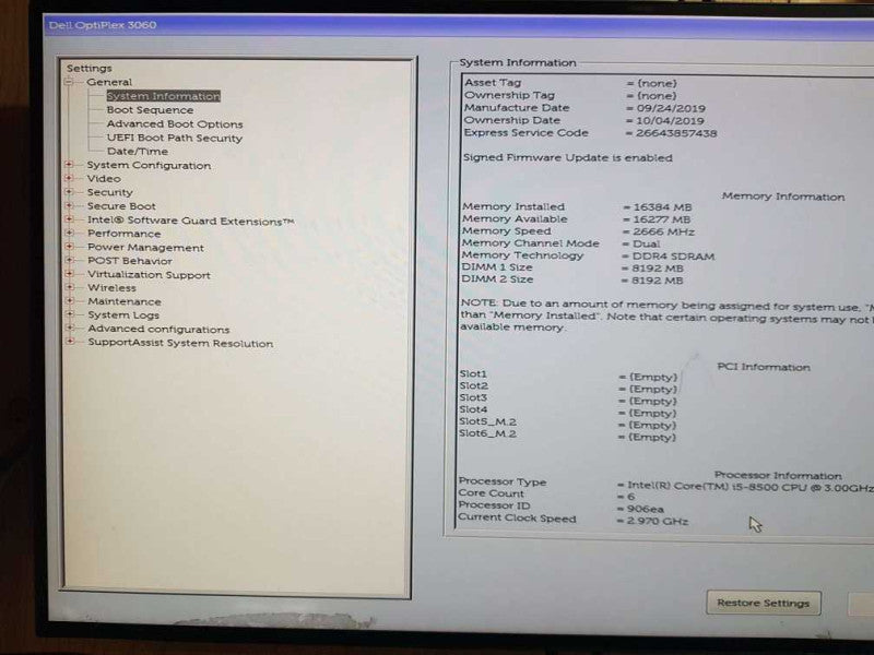 Dell OptiPlex 3060 MT i5-8500 CPU @  3.00GHz 16GB DDR4 Ram