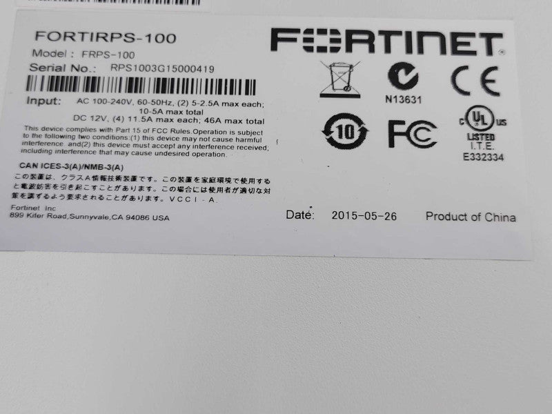 Fortinet FORTIRPS 100 FRPS-100 External Redundant AC Power Supply Q_