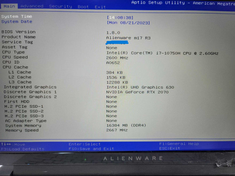 Alienware M17 R3 i7-10750H @ 2.60GHz, 16GB DDR4, 4GB RTX 2070 PARTS/REPAIR Î²