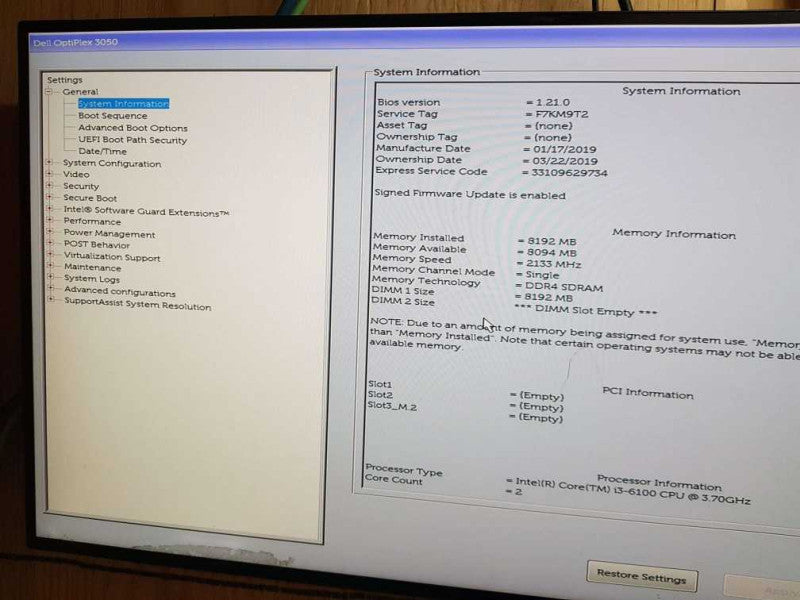 Dell Optiplex 3050 SFF Intel Core i3 - 6100 CPU @  3.70GHz 8GB DDR4 RAM