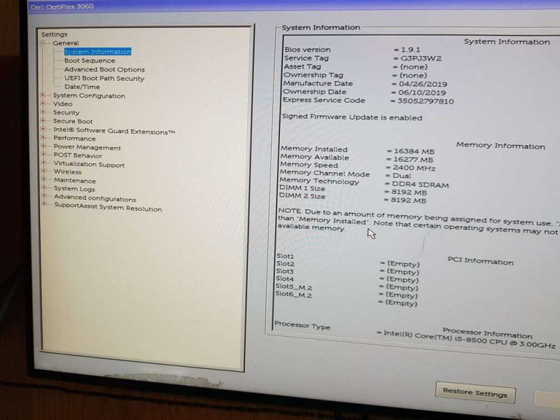 Dell Optiplex 3060  Intel Core i5 - 8500 CPU @ 3.00GHz 16GB  DDR4 Ram