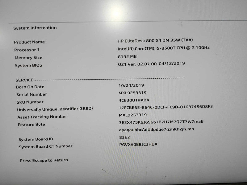 HP EliteDesk 800 G4 I5-8500T @ 2.10ghz / 8gb ram / READ #