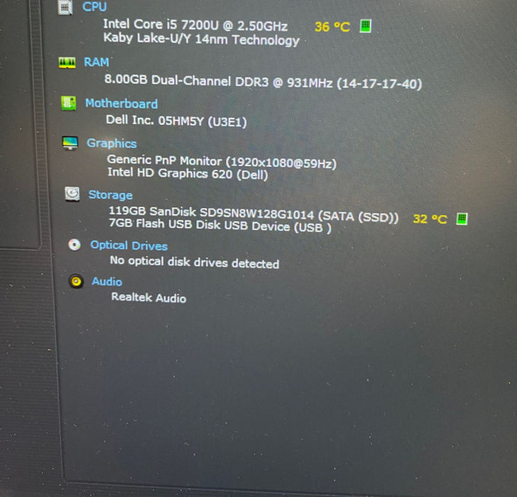 DELL XPS 13 9360 Laptop Intel Core i5-7200U @ 2.70GHz 8 GB RAM 128 GB SSD