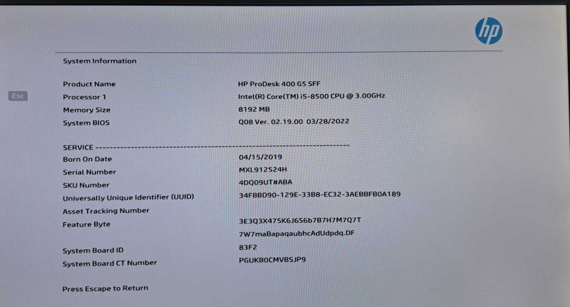 HP ProDesk 400 G5 SFF i5-8500 @ 3.00GHz 8GB DDR4 256GB M.2 SSD )