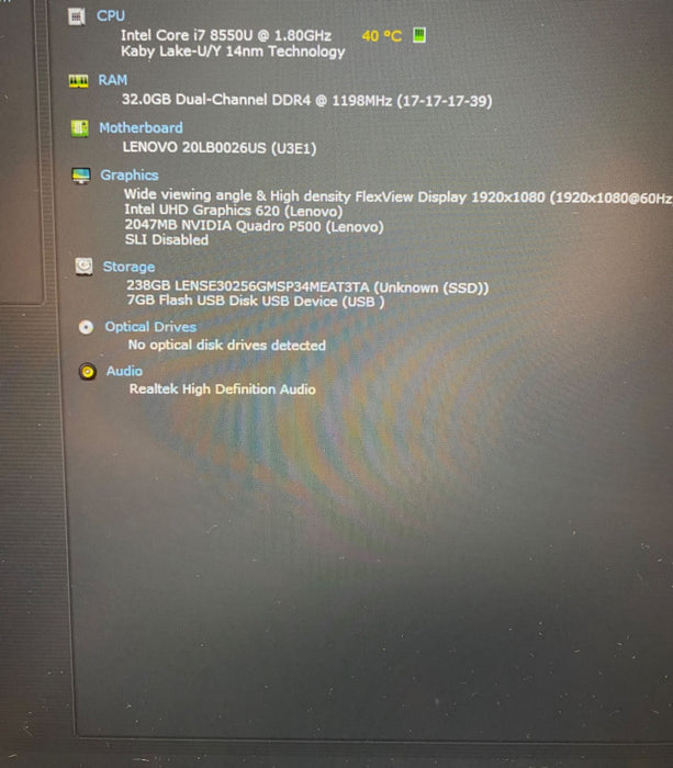 Lenovo ThinkPad P52s i7-8550U QUADRO P500 2GB 32GB RAM 256GB No Power Adapter Q