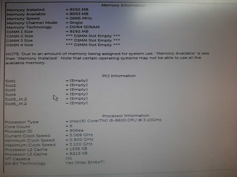 Dell OptiPlex TWR 7060 i5-8600 @ 3.10 GHz 8GB DDR4 NO HDD NO GPU Q